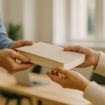 Zwei Paar Hände, die gemeinsam ein Buch halten.