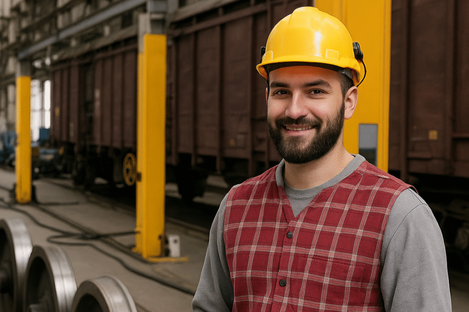 Auf dem Foto steht ein junger Mann mit Arbeitskleidung und Schutzhelm am Kopf. Er lächelt in die Kamera. Er steht in einer großen Halle, hinter ihm ein Frachtwaggon und hohe, gelbe Säulen, neben ihm Radsätze eines Zuges.