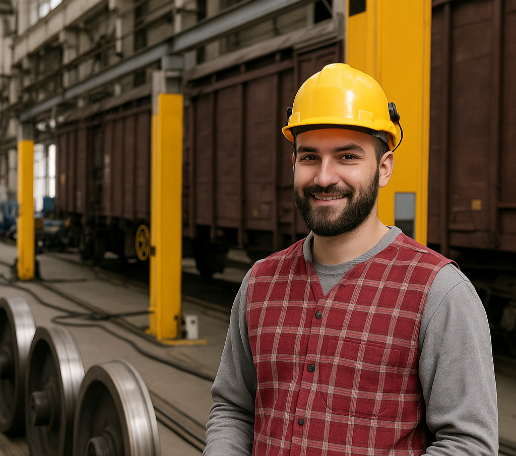 Auf dem Foto steht ein junger Mann mit Arbeitskleidung und Schutzhelm am Kopf. Er lächelt in die Kamera. Er steht in einer großen Halle, hinter ihm ein Frachtwaggon und hohe, gelbe Säulen, neben ihm Radsätze eines Zuges.