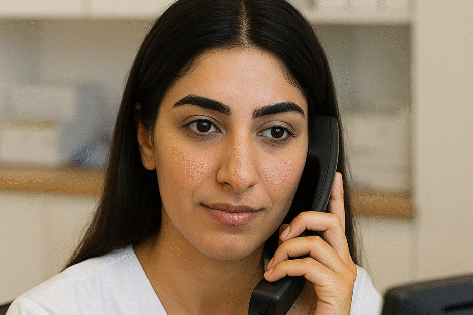 Eine Frau mit langen, dunklen Haaren und einem weißen Oberteil hält einen Telefonhörer und sitzt vor ihrem PC.