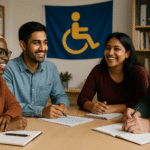 Vier Personen sitzen lächelnd gemeinsam an einem Tisch. Vor sich haben sie Notizblöcke und Kugelschreiber.