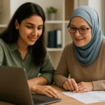 Eine jüngere und eine ältere Frau sitzen gemeinsam an einem Tisch. Sie lächerln. Vor ihnen am Tisch ist ein aufgeklappter Laptop, einige Zettel und ein Notizblock. Die ältere Frau blickt auf den Laptop.