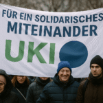 Ein KI-generiertes Bild von Menschen in Winterkleidung in einem Demonstrationszug. In der Mitte sieht man ein Transparent mit der Aufschrift "FÜR EIN SOLIDARISCHES MITEINANDER - UKI".